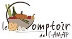 Logo du Comptoir de l'AMAP, dessin du nom de l'AMAP avec le C formant un panier empli de produits de producteurs.